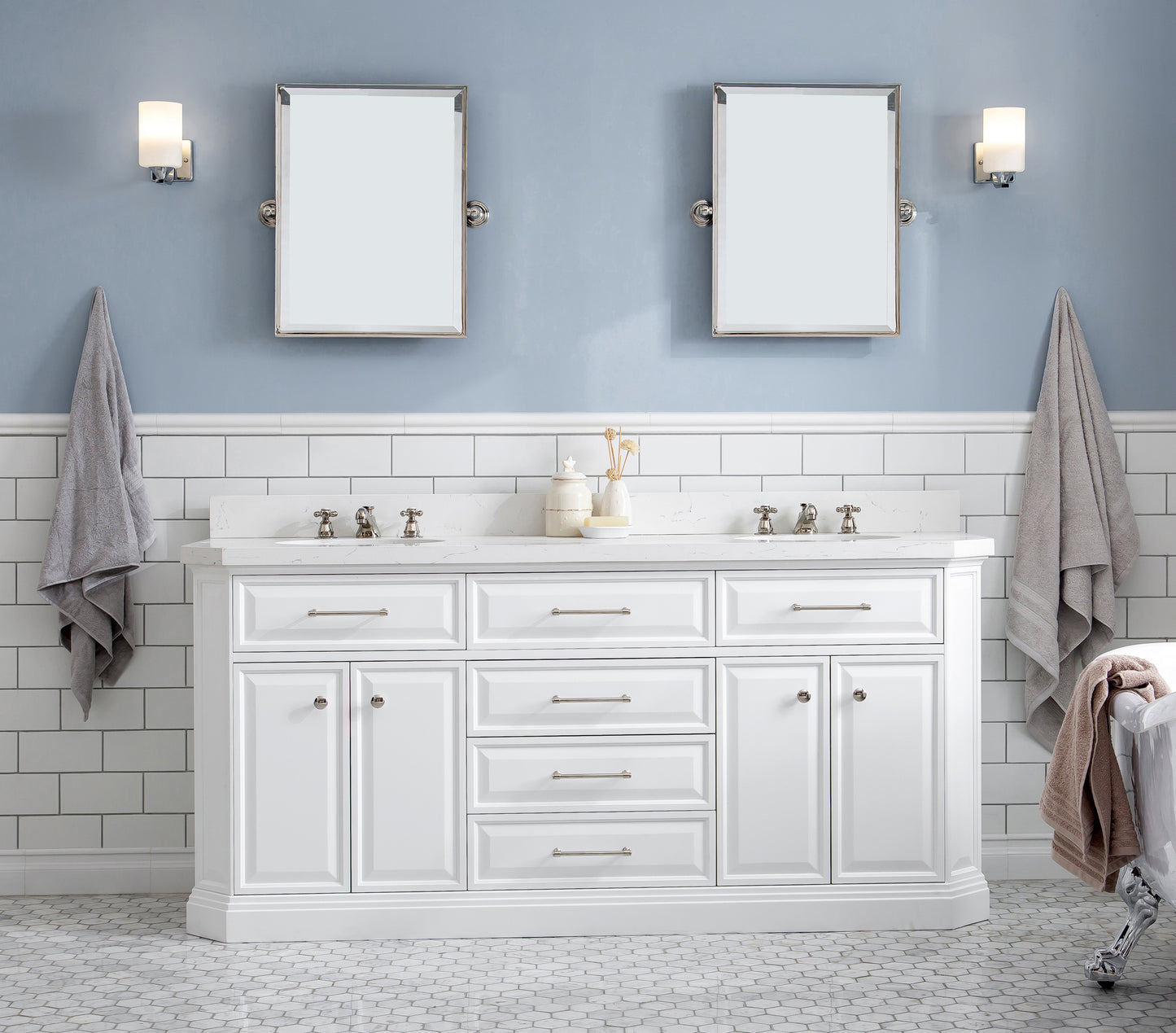 Palace 72 in. W Bath Vanity in Pure White with Quartz Vanity Top with White Basin | Water Creation
