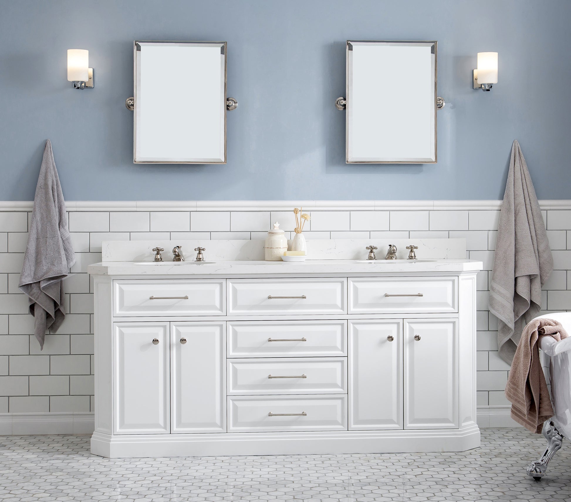 Palace 72 in. W Bath Vanity in Pure White with Quartz Vanity Top with White Basin | Water Creation
