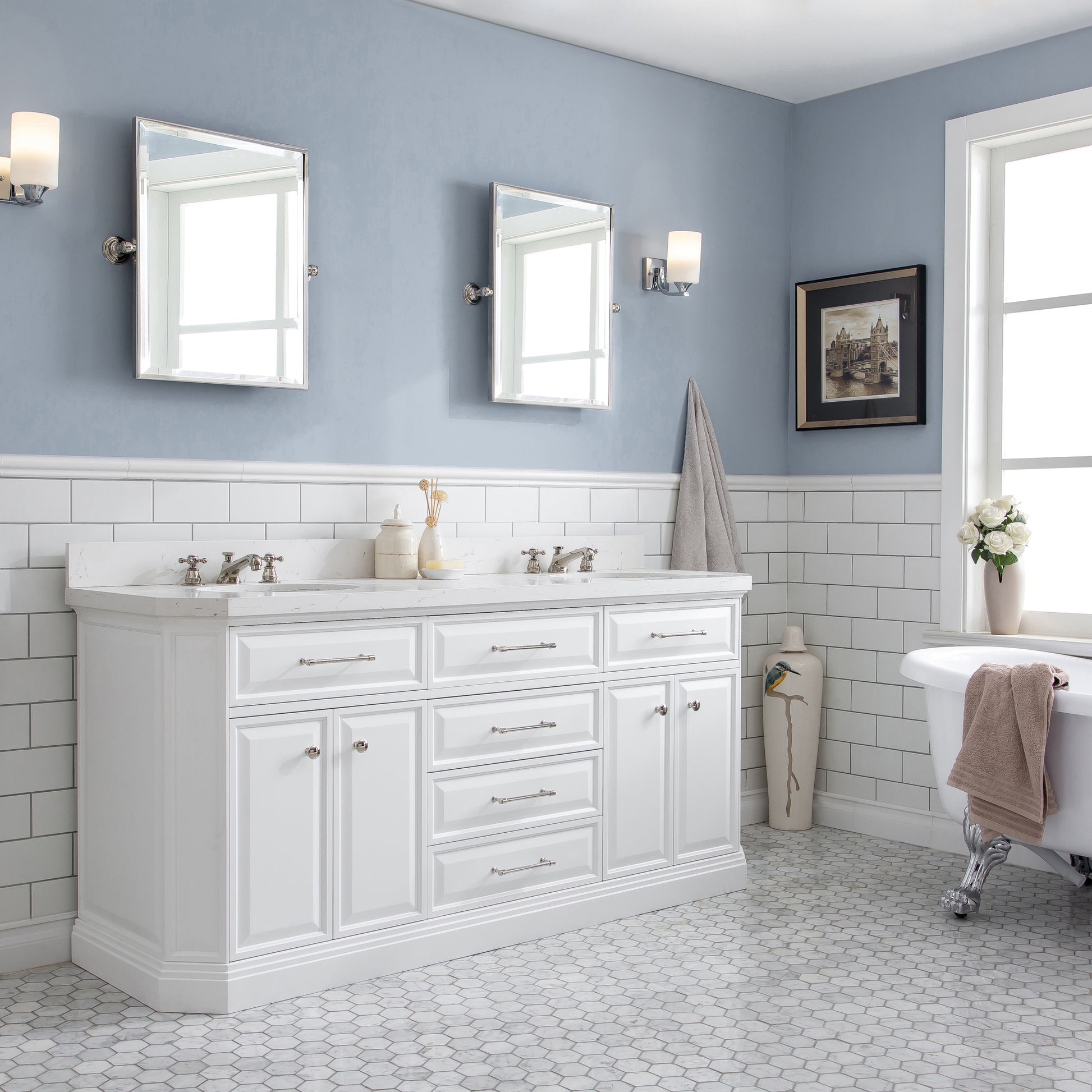 Palace 72 in. W Bath Vanity in Pure White with Quartz Vanity Top with White Basin | Water Creation