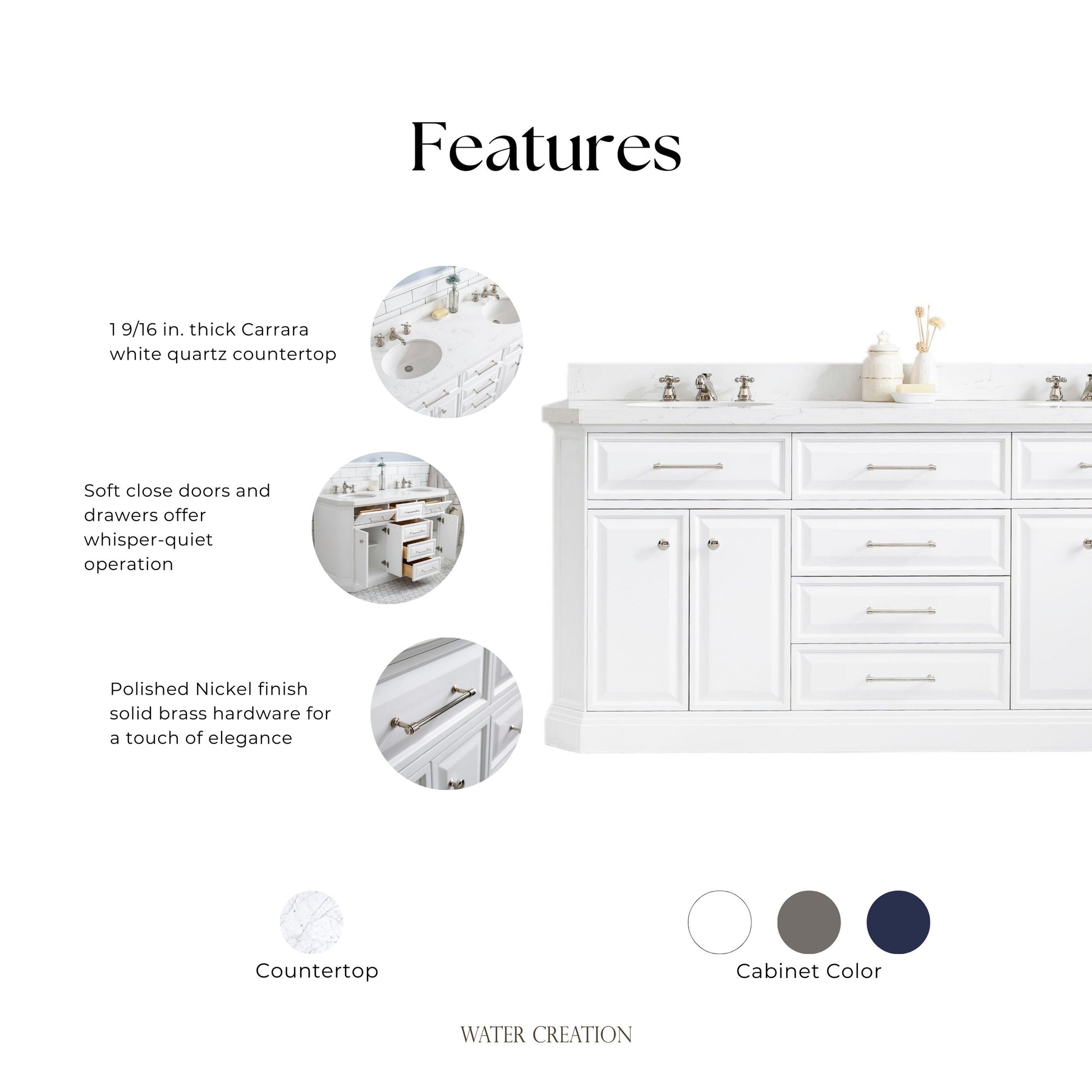 Palace 72 in. W Bath Vanity in Pure White with Quartz Vanity Top with White Basin | Water Creation