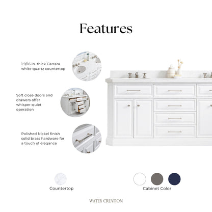 Palace 72 in. W Bath Vanity in Pure White with Quartz Vanity Top with White Basin | Water Creation
