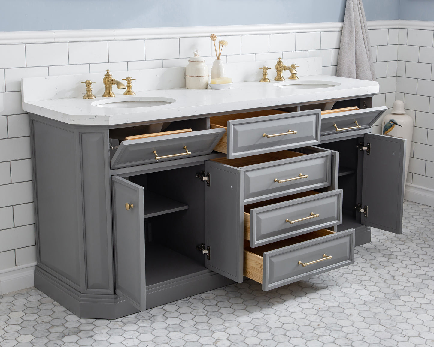 Palace 72 in. W Bath Vanity in Cashmere Grey with Quartz Vanity Top with White Basin | Water Creation
