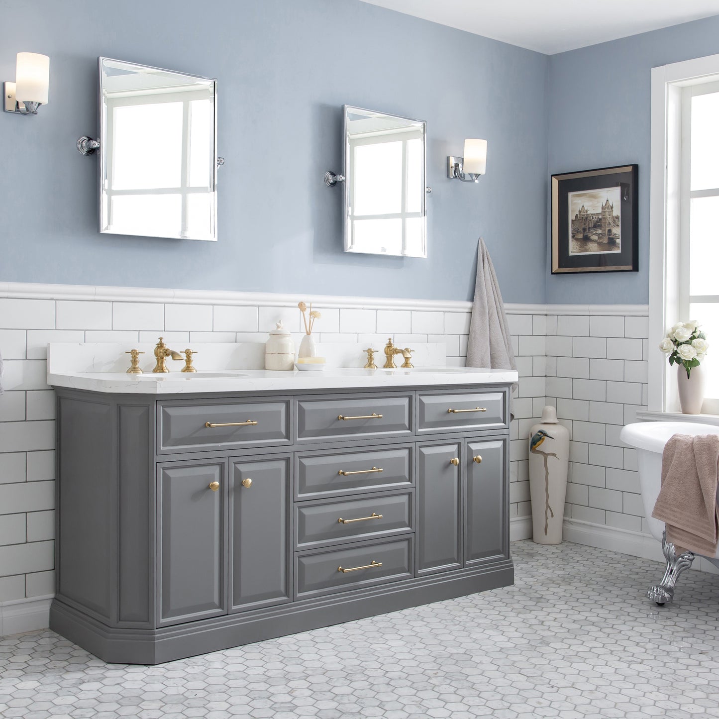Palace 72 in. W Bath Vanity in Cashmere Grey with Quartz Vanity Top with White Basin | Water Creation