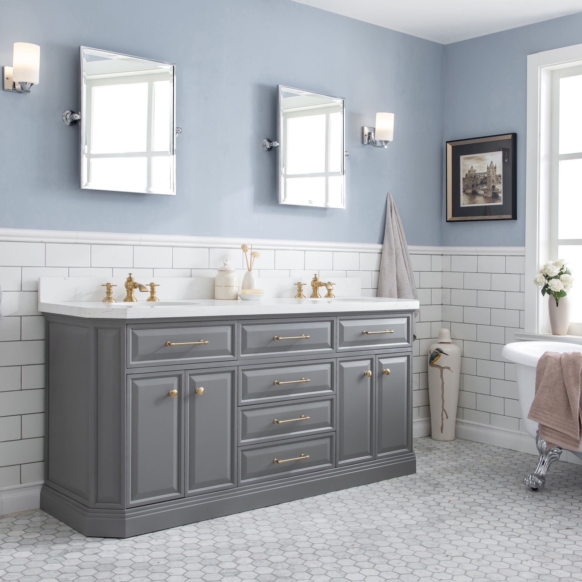Palace 72 in. W Bath Vanity in Cashmere Grey with Quartz Vanity Top with White Basin | Water Creation