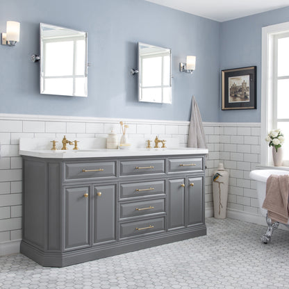 Palace 72 in. W Bath Vanity in Cashmere Grey with Quartz Vanity Top with White Basin | Water Creation