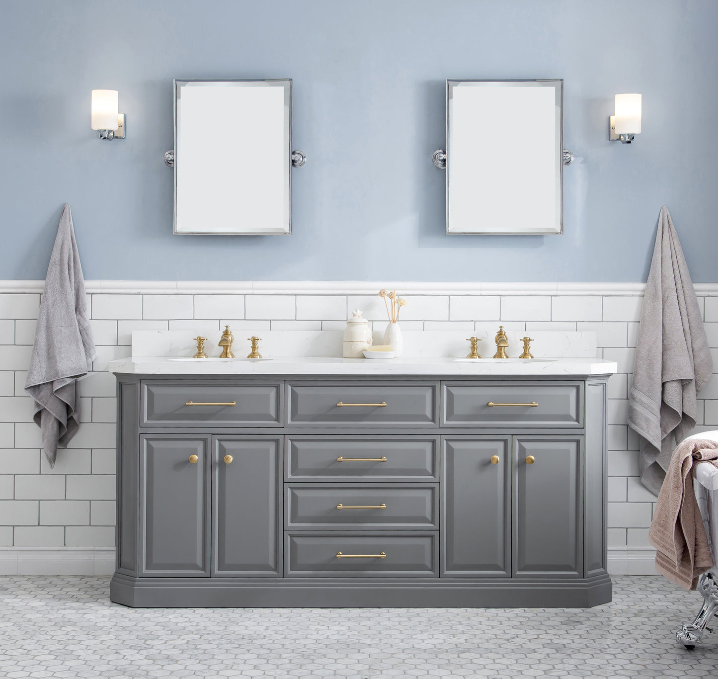 Palace 72 in. W Bath Vanity in Cashmere Grey with Quartz Vanity Top with White Basin | Water Creation