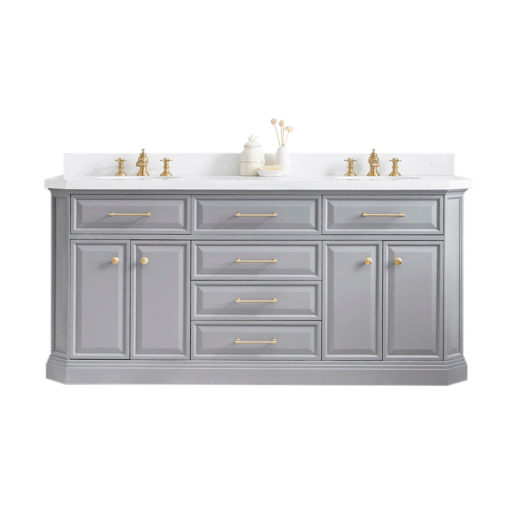 Palace 72 in. W Bath Vanity in Cashmere Grey with Quartz Vanity Top with White Basin | Water Creation
