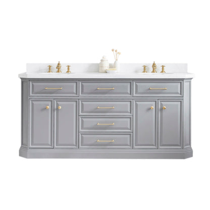 Palace 72 in. W Bath Vanity in Cashmere Grey with Quartz Vanity Top with White Basin | Water Creation