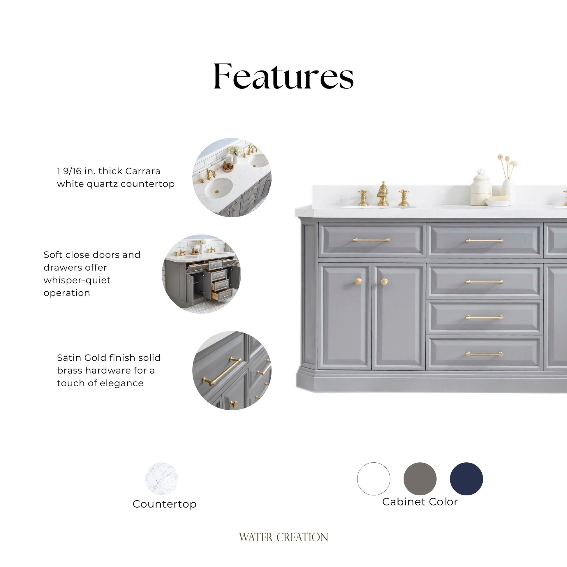 Palace 72 in. W Bath Vanity in Cashmere Grey with Quartz Vanity Top with White Basin | Water Creation