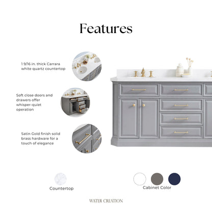 Palace 72 in. W Bath Vanity in Cashmere Grey with Quartz Vanity Top with White Basin | Water Creation