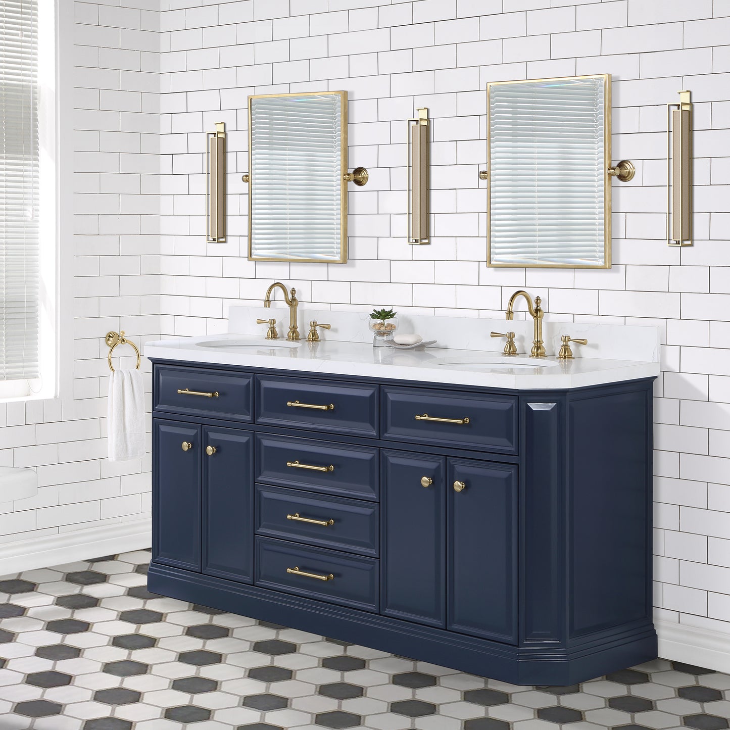 Palace 72 in. Vanity in Monarch Blue with Quartz Vanity Top in White with White Basins | Water Creation