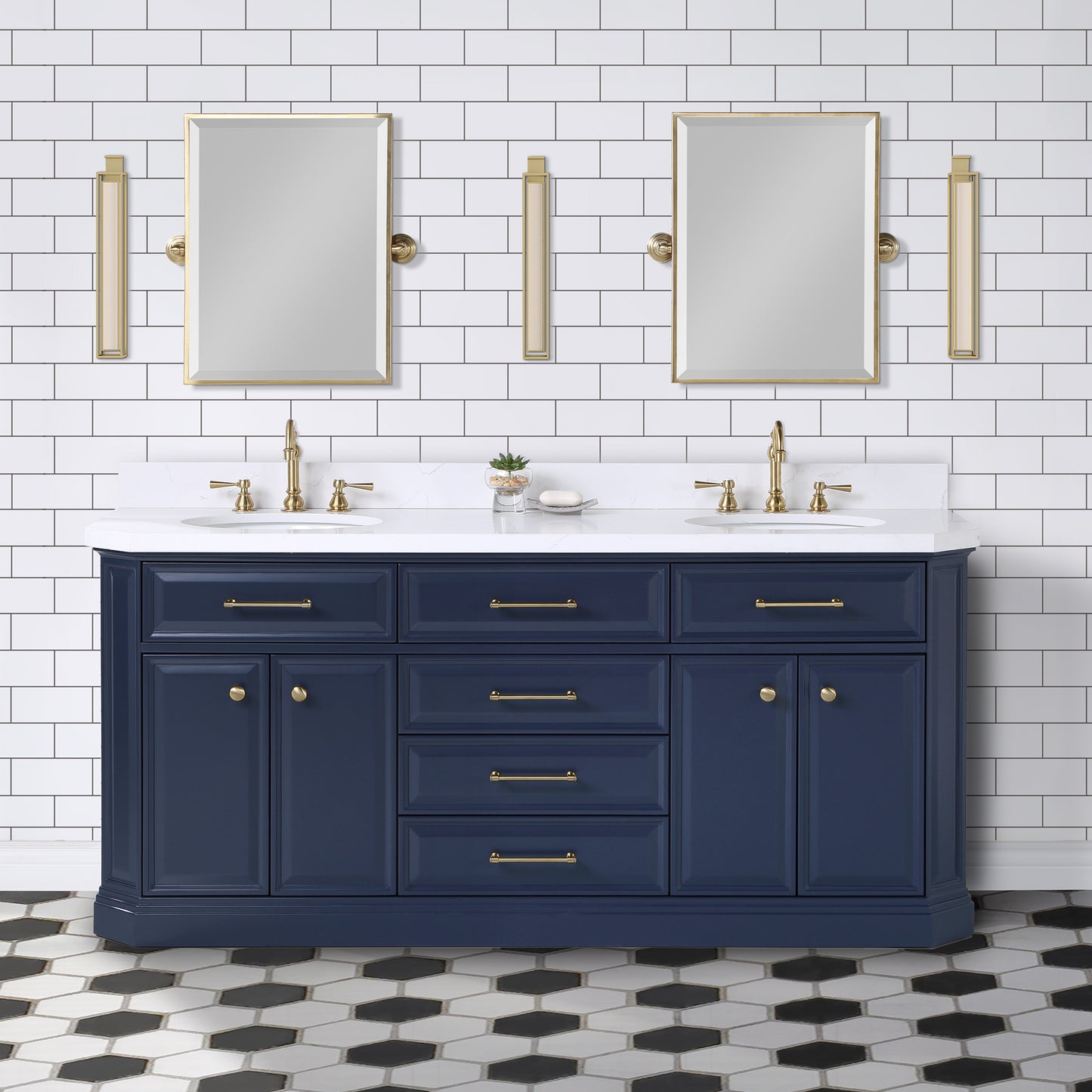Palace 72 in. Vanity in Monarch Blue with Quartz Vanity Top in White with White Basins | Water Creation