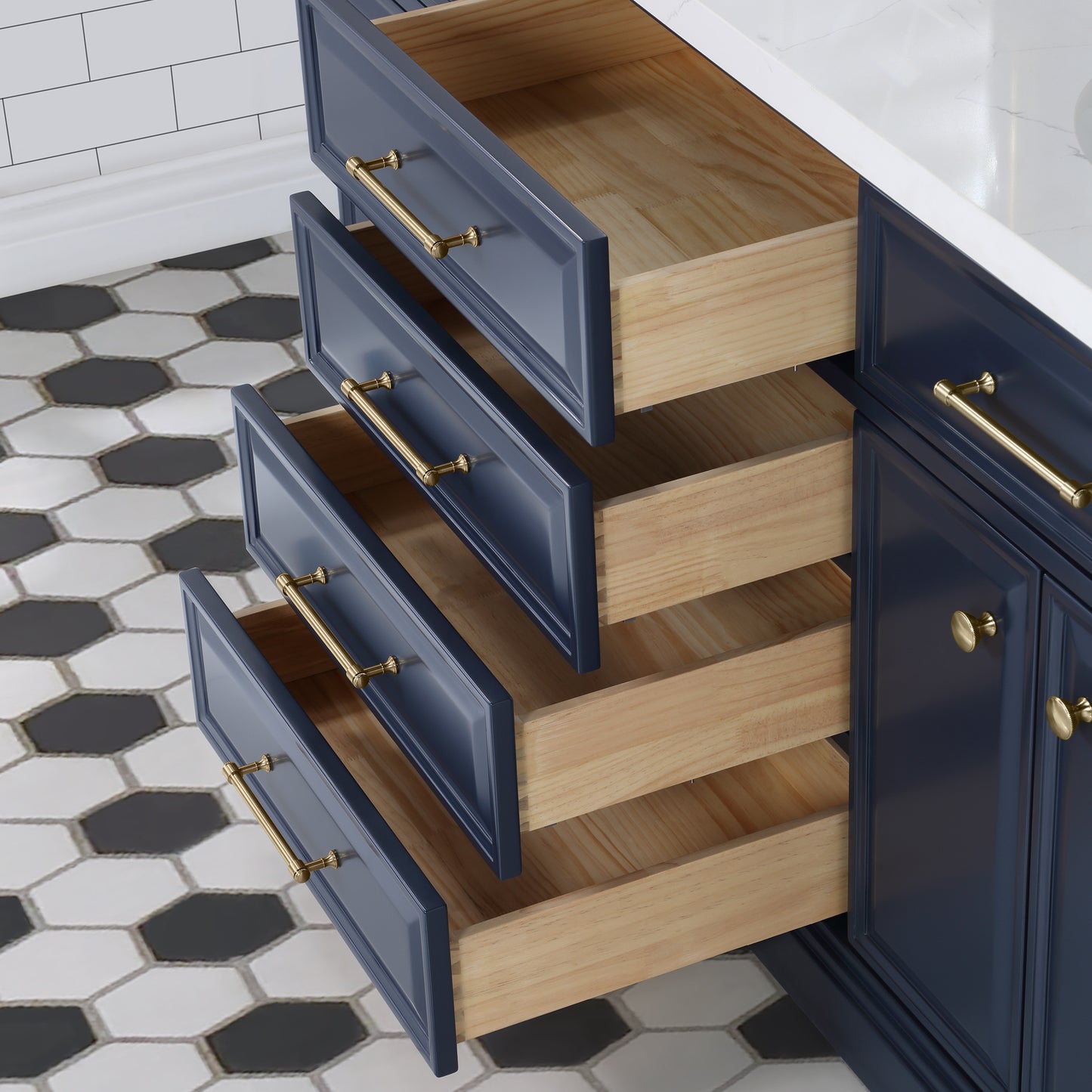 Palace 72 in. Vanity in Monarch Blue with Quartz Vanity Top in White with White Basins | Water Creation