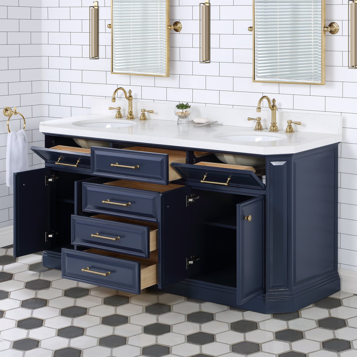 Palace 72 in. Vanity in Monarch Blue with Quartz Vanity Top in White with White Basins | Water Creation