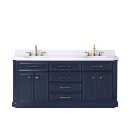 Palace 72 in. Vanity in Monarch Blue with Quartz Vanity Top in White with White Basins | Water Creation