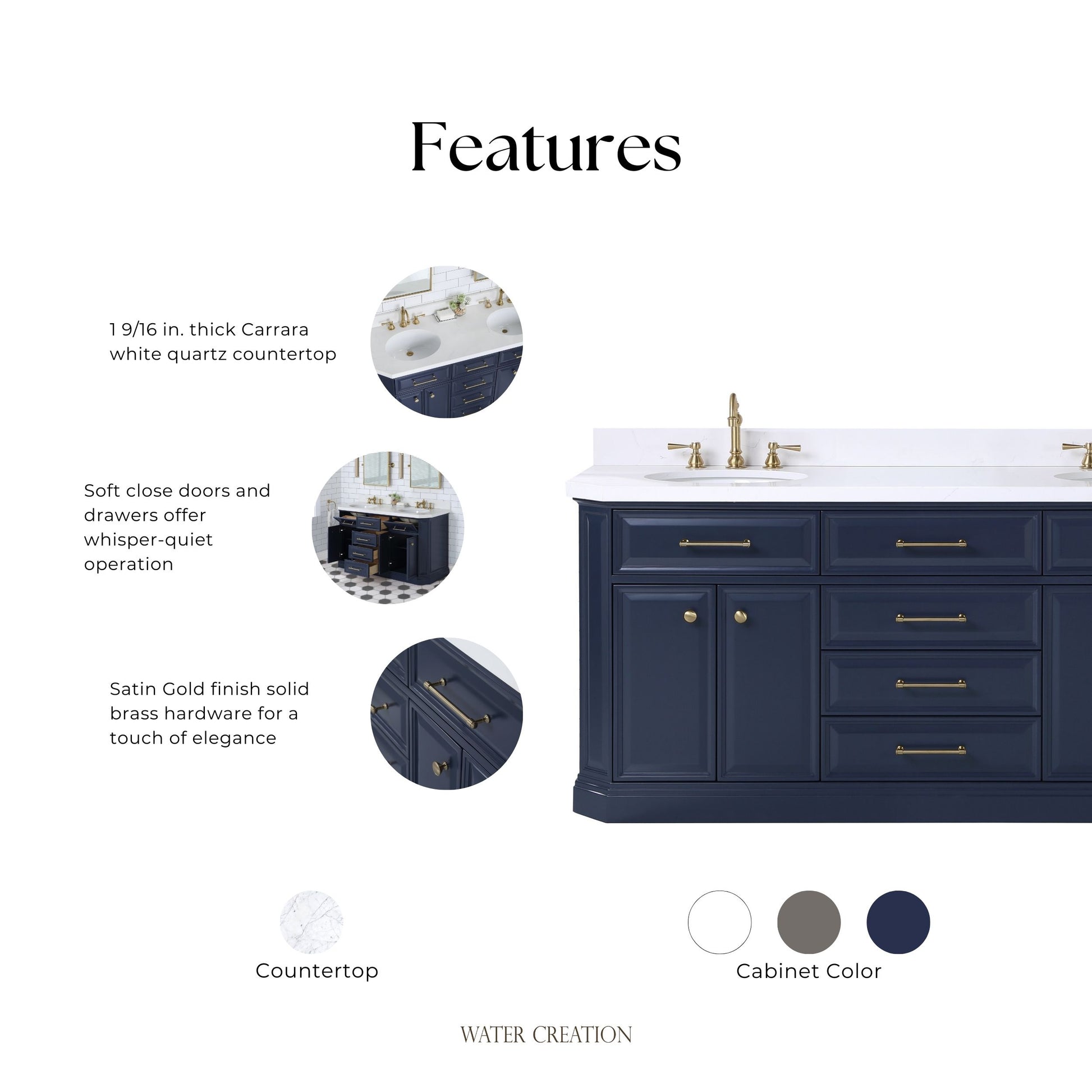 Palace 72 in. Vanity in Monarch Blue with Quartz Vanity Top in White with White Basins | Water Creation
