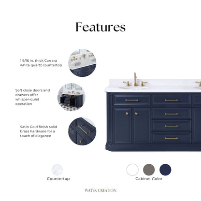 Palace 72 in. Vanity in Monarch Blue with Quartz Vanity Top in White with White Basins | Water Creation