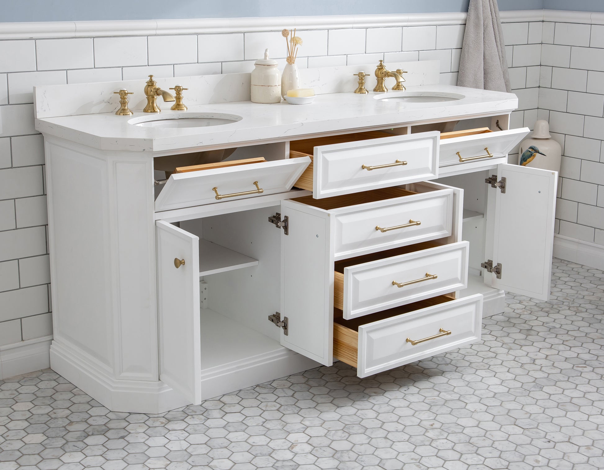 Palace 72 in. W Bath Vanity in Pure White with Quartz Vanity Top with White Basin | Water Creation