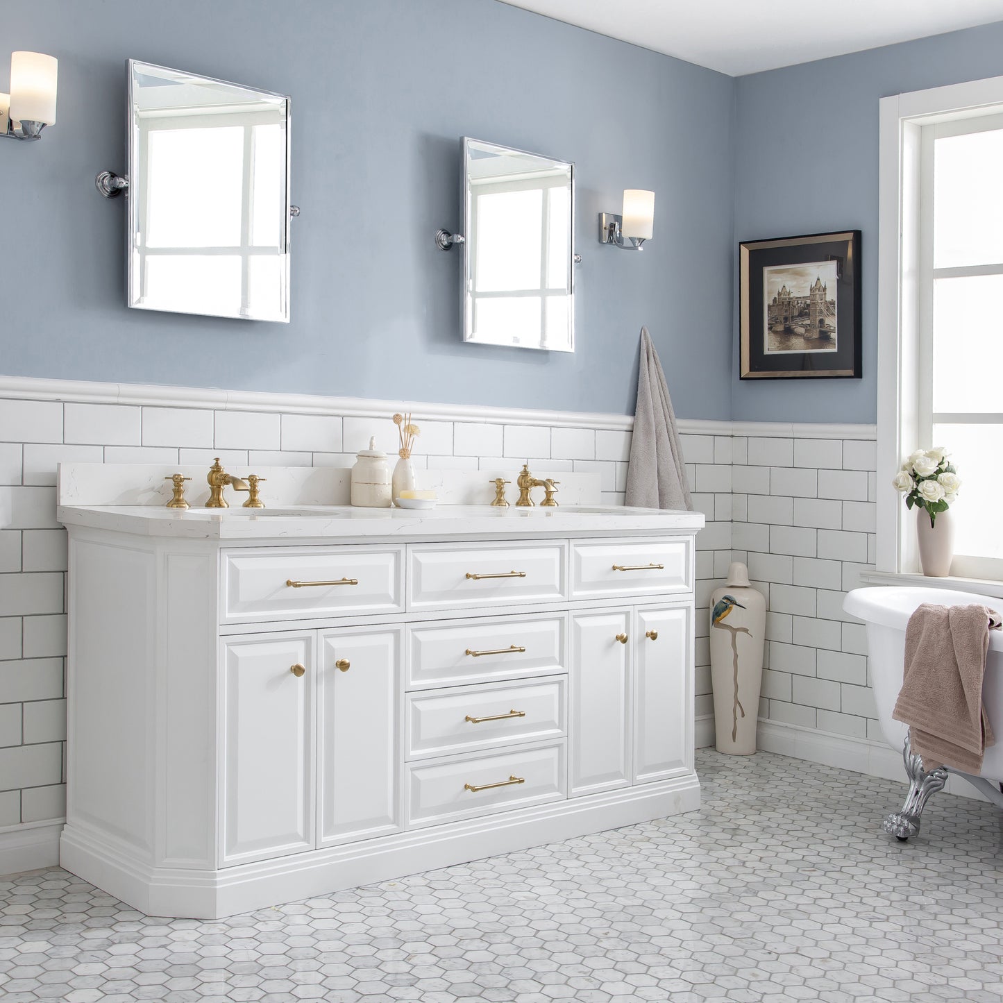 Palace 72 in. W Bath Vanity in Pure White with Quartz Vanity Top with White Basin | Water Creation