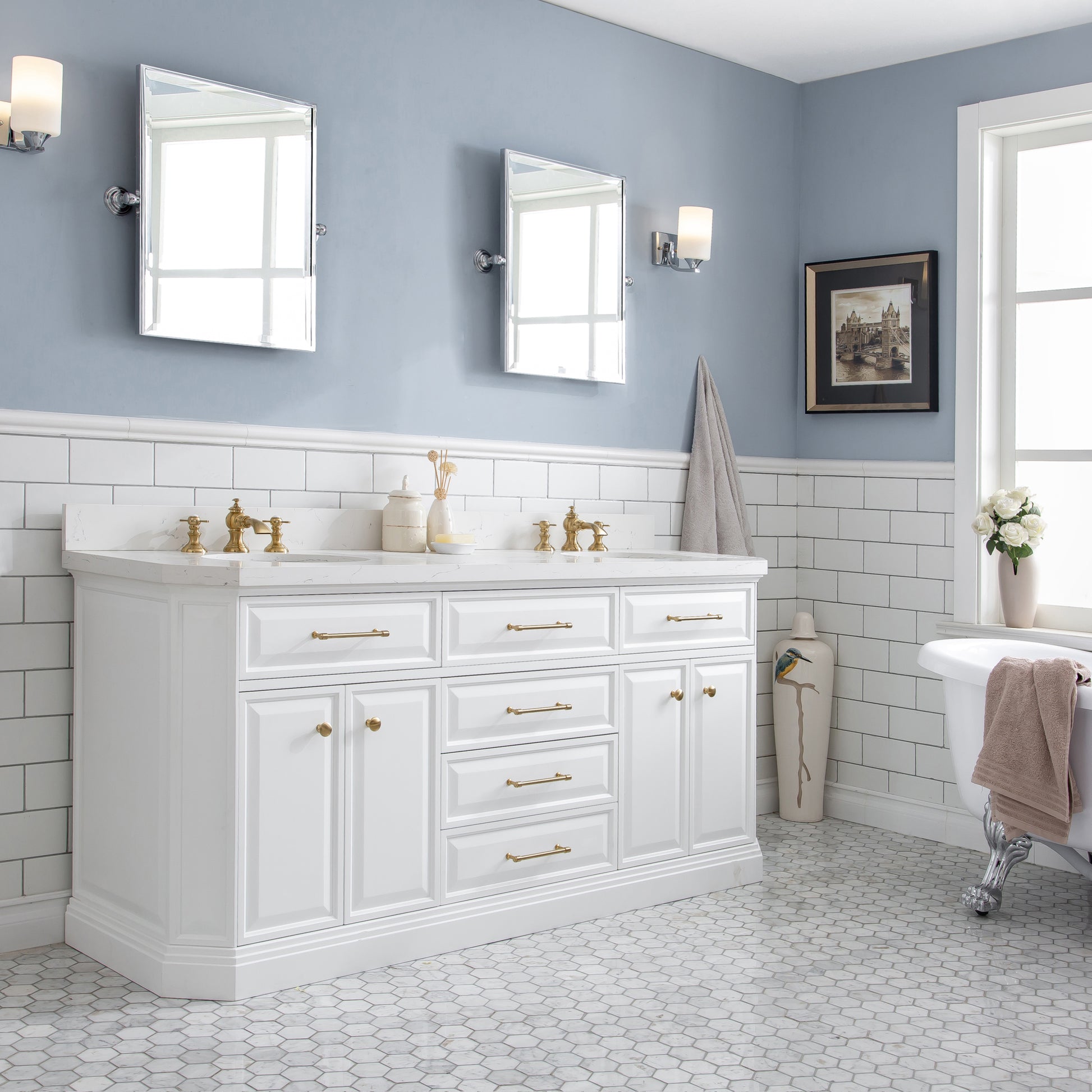 Palace 72 in. W Bath Vanity in Pure White with Quartz Vanity Top with White Basin | Water Creation
