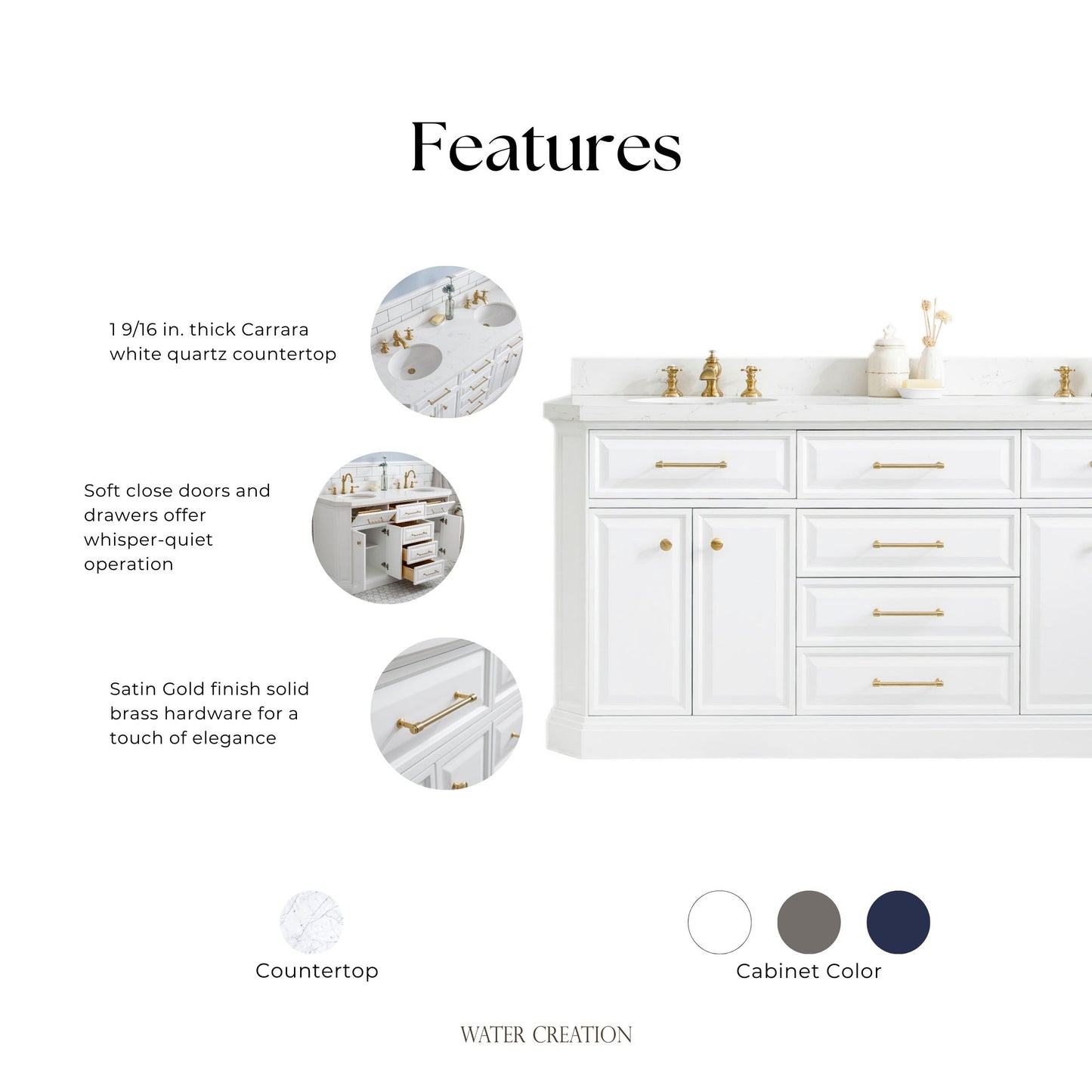 Palace 72 in. W Bath Vanity in Pure White with Quartz Vanity Top with White Basin | Water Creation