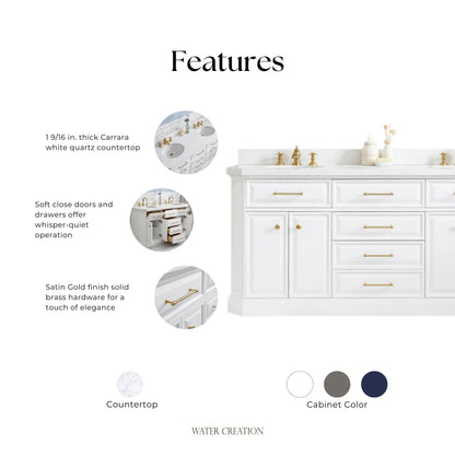 Palace 72 in. W Bath Vanity in Pure White with Quartz Vanity Top with White Basin | Water Creation