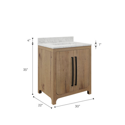 Perris 30 in. Single Sink Bath Vanity in Weathered Oak with Carrara White Engineered Stone Top | Water Creation