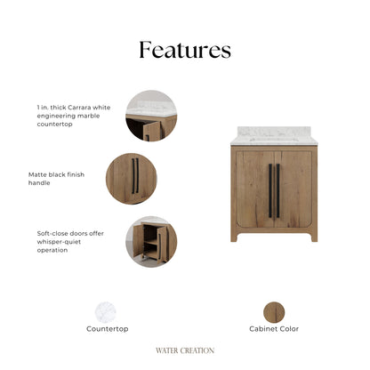 Perris 30 in. Single Sink Bath Vanity in Weathered Oak with Carrara White Engineered Stone Top | Water Creation