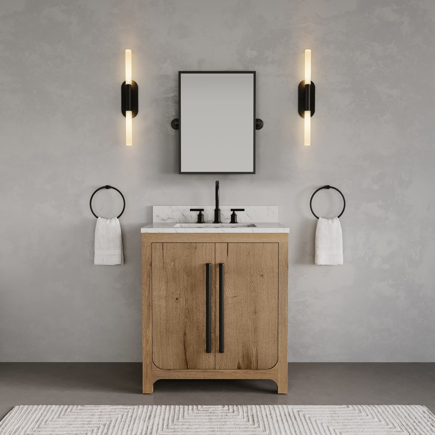 Perris 30 in. Single Sink Bath Vanity in Weathered Oak with Carrara White Engineered Stone Top | Water Creation