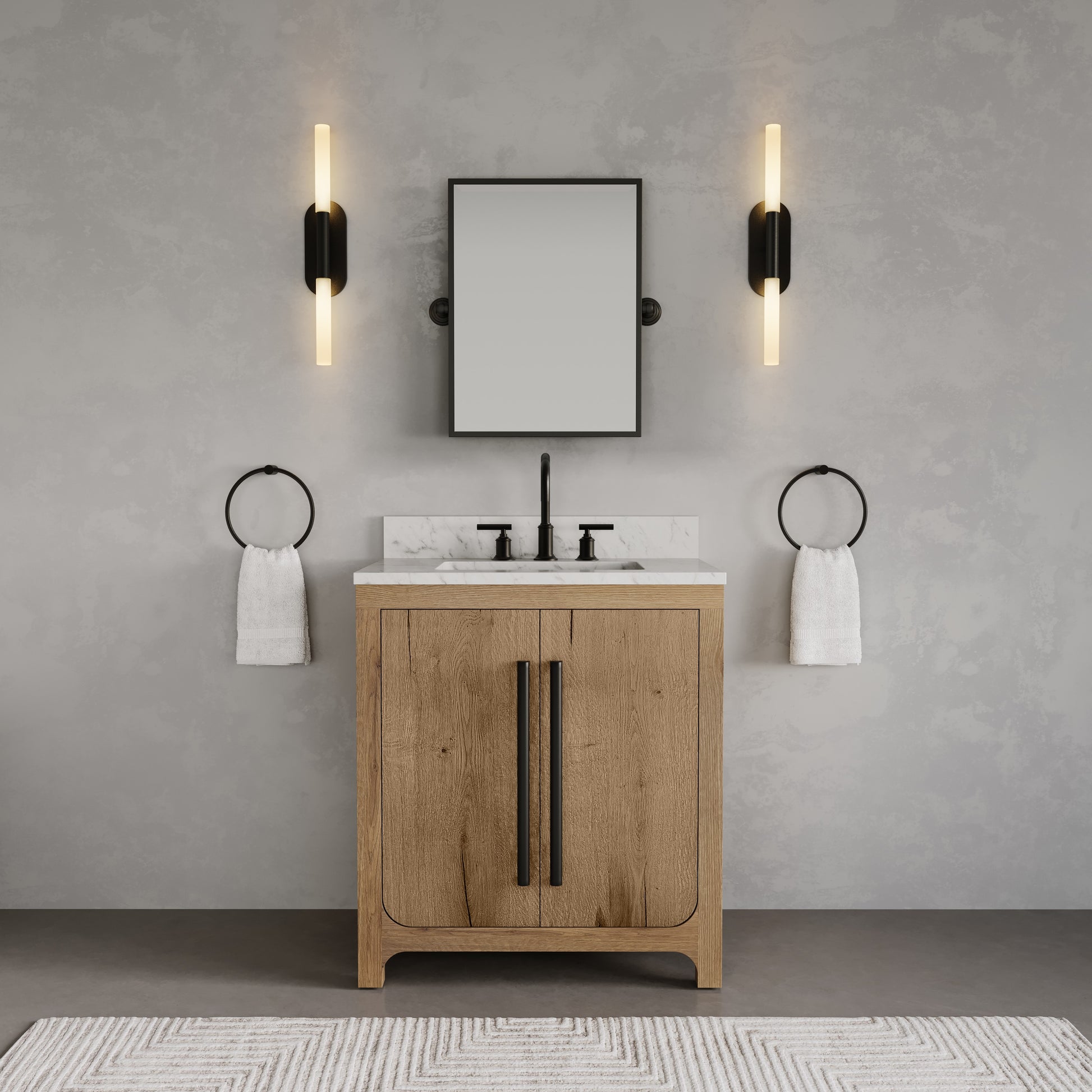 Perris 30 in. Single Sink Bath Vanity in Weathered Oak with Carrara White Engineered Stone Top | Water Creation