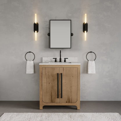 Perris 30 in. Single Sink Bath Vanity in Weathered Oak with Carrara White Engineered Stone Top | Water Creation