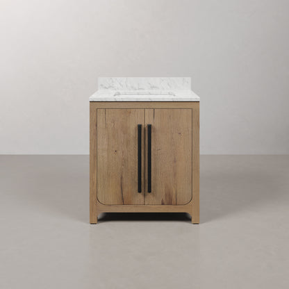 Perris 30 in. Single Sink Bath Vanity in Weathered Oak with Carrara White Engineered Stone Top | Water Creation
