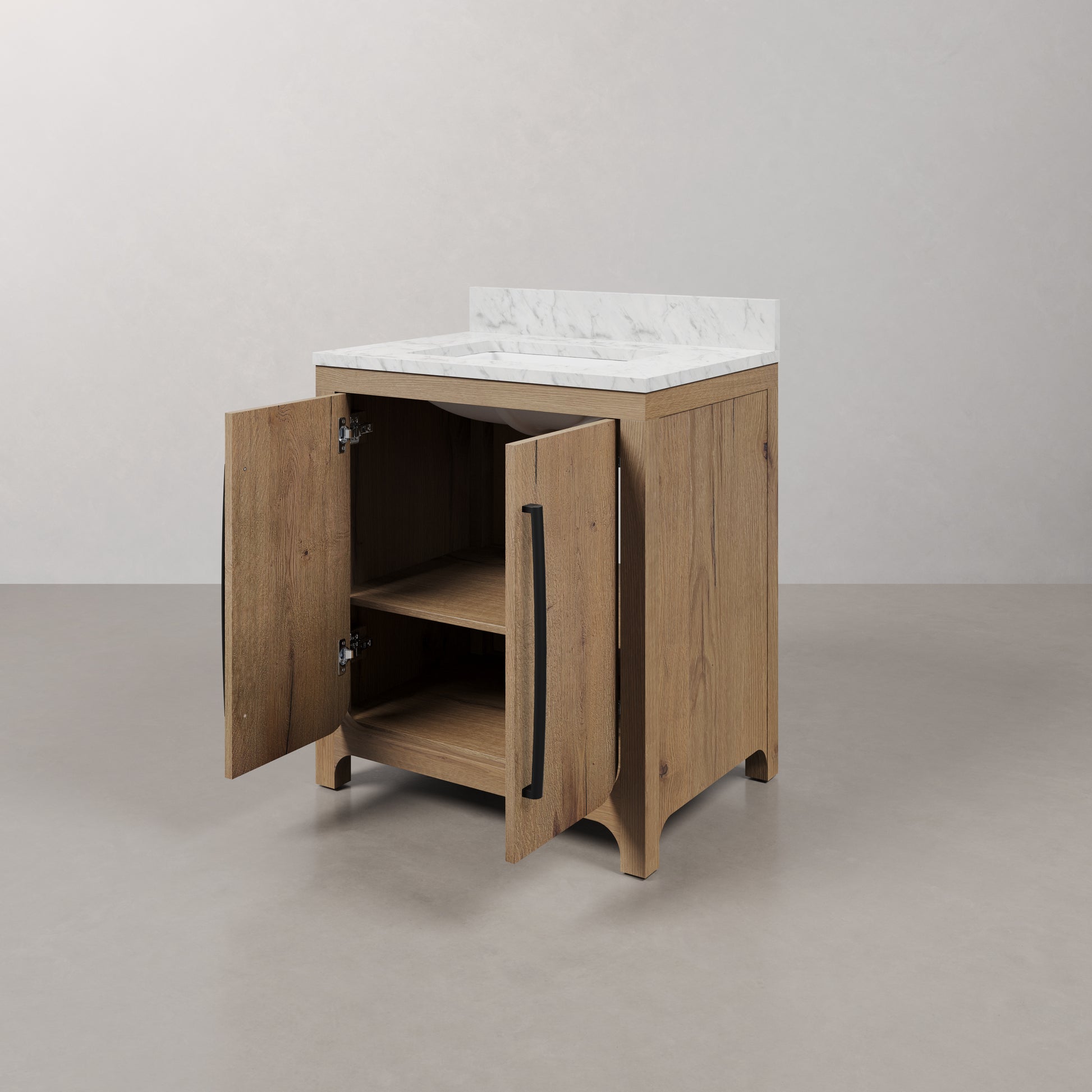 Perris 30 in. Single Sink Bath Vanity in Weathered Oak with Carrara White Engineered Stone Top | Water Creation