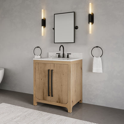 Perris 30 in. Single Sink Bath Vanity in Weathered Oak with Carrara White Engineered Stone Top | Water Creation