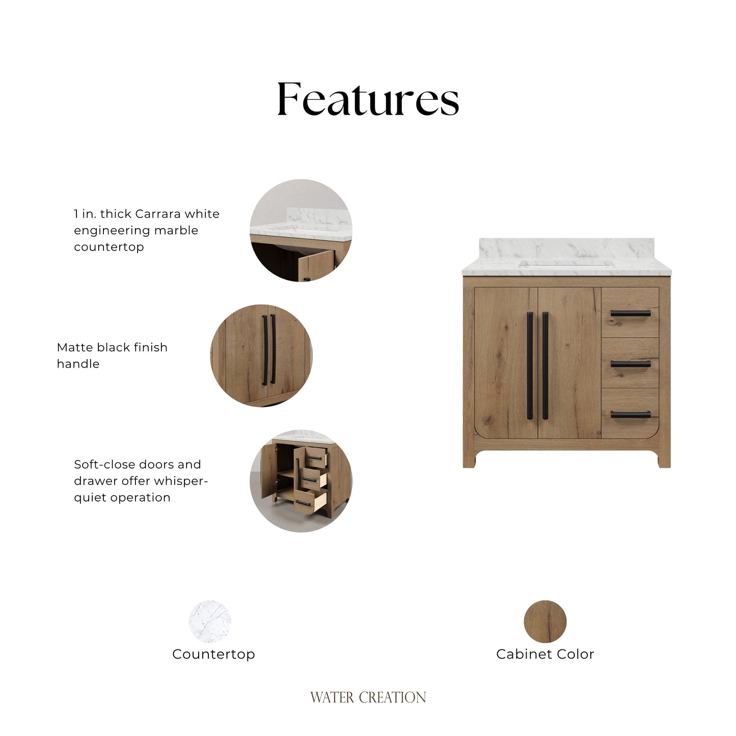 Perris 36 in. Single Sink Bath Vanity in Weathered Oak with Carrara White Engineered Stone Top | Water Creation