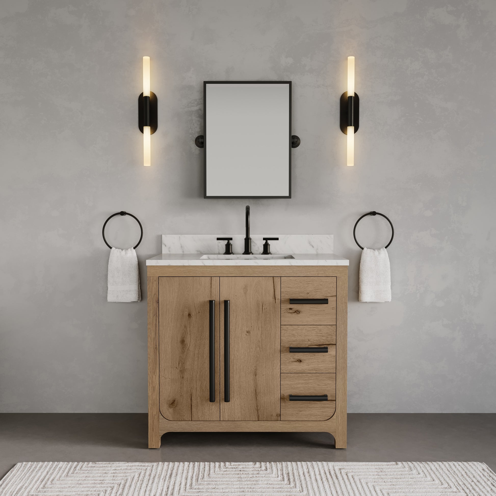 Perris 36 in. Single Sink Bath Vanity in Weathered Oak with Carrara White Engineered Stone Top | Water Creation