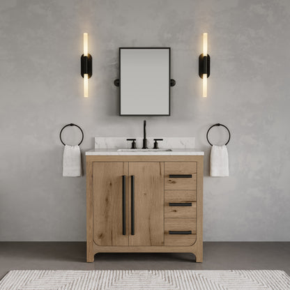 Perris 36 in. Single Sink Bath Vanity in Weathered Oak with Carrara White Engineered Stone Top | Water Creation
