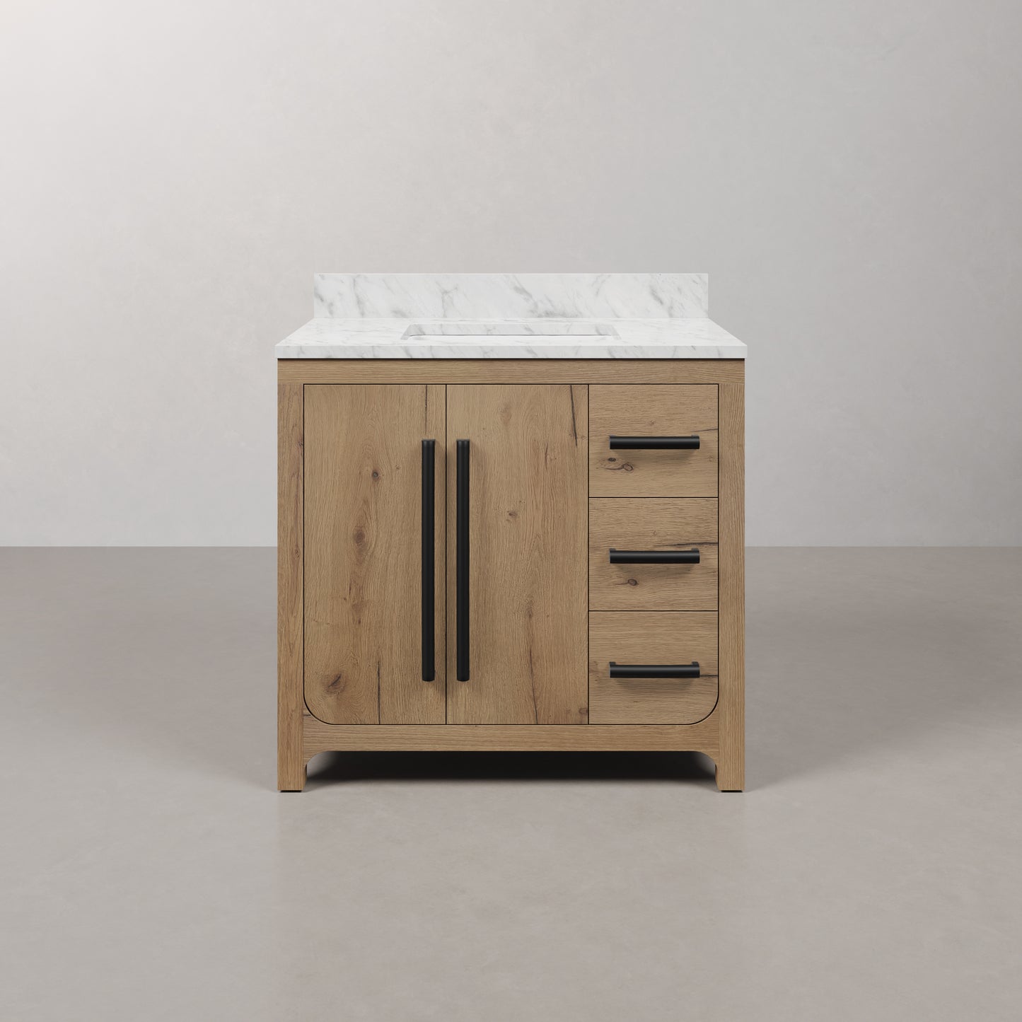 Perris 36 in. Single Sink Bath Vanity in Weathered Oak with Carrara White Engineered Stone Top | Water Creation