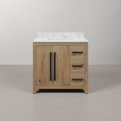 Perris 36 in. Single Sink Bath Vanity in Weathered Oak with Carrara White Engineered Stone Top | Water Creation