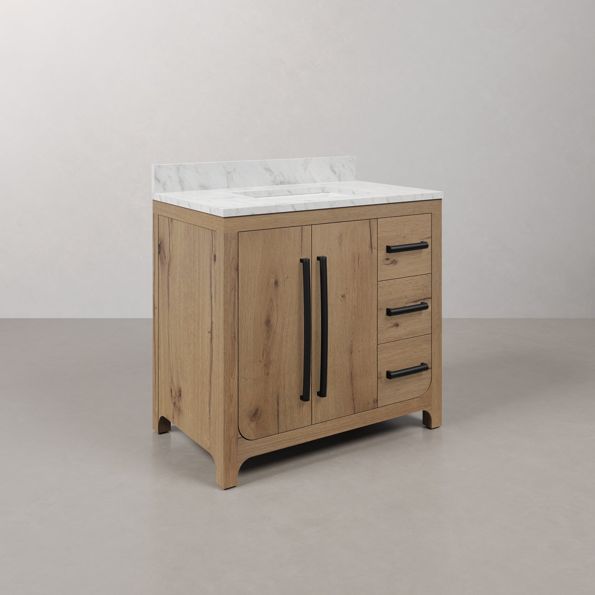 Perris 36 in. Single Sink Bath Vanity in Weathered Oak with Carrara White Engineered Stone Top | Water Creation