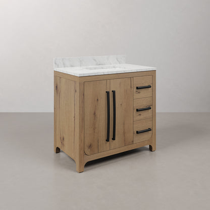 Perris 36 in. Single Sink Bath Vanity in Weathered Oak with Carrara White Engineered Stone Top | Water Creation