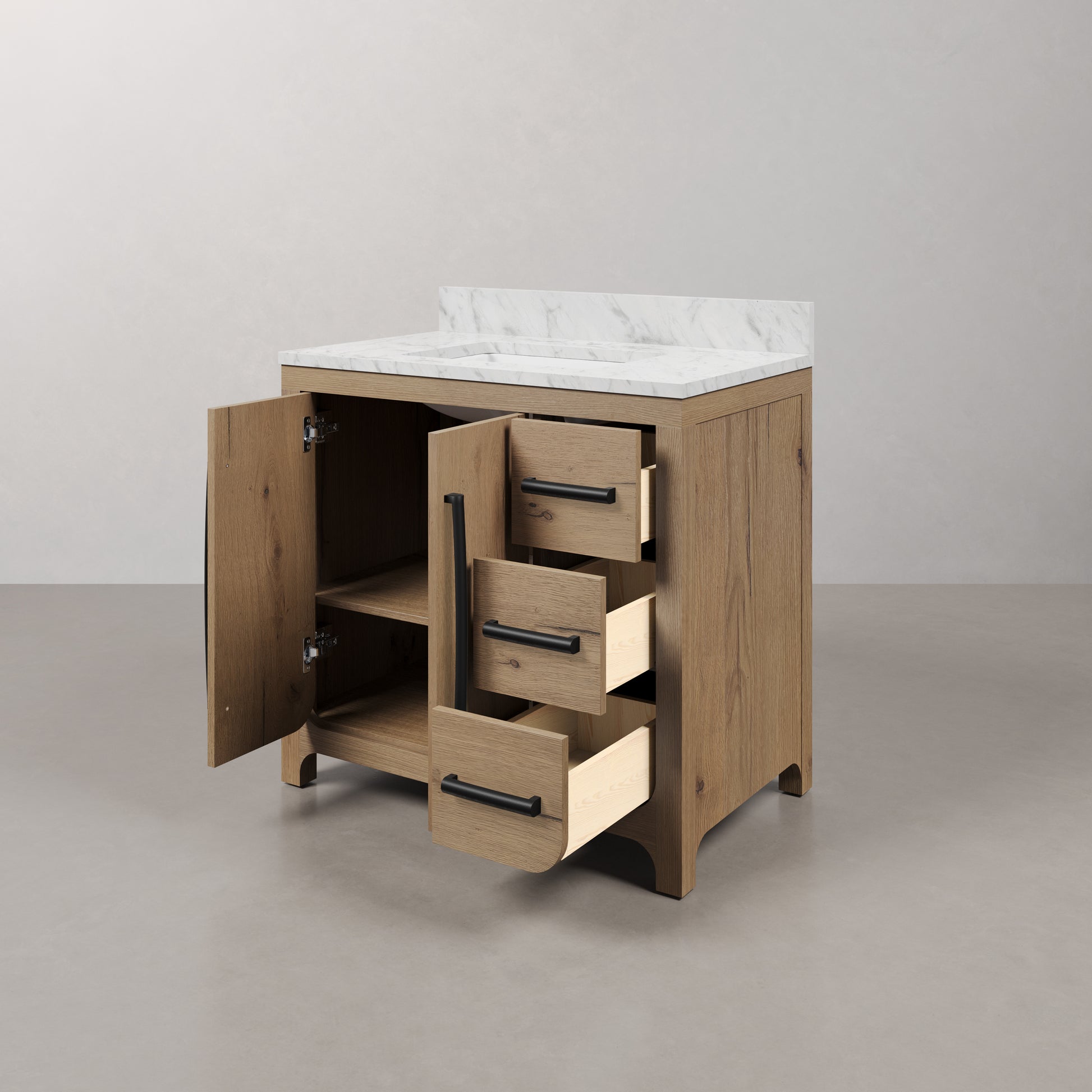 Perris 36 in. Single Sink Bath Vanity in Weathered Oak with Carrara White Engineered Stone Top | Water Creation
