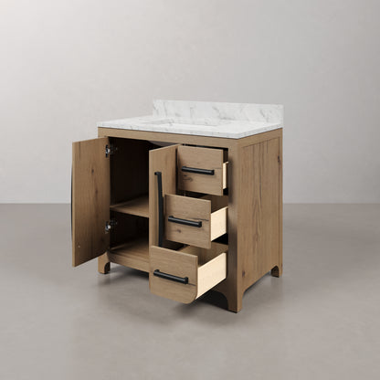 Perris 36 in. Single Sink Bath Vanity in Weathered Oak with Carrara White Engineered Stone Top | Water Creation