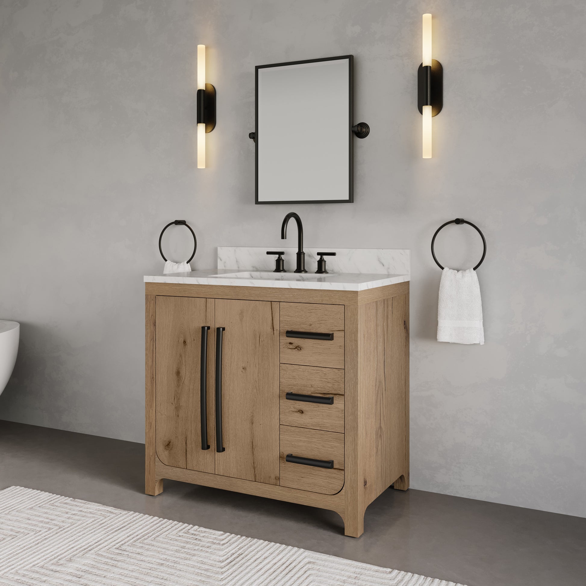 Perris 36 in. Single Sink Bath Vanity in Weathered Oak with Carrara White Engineered Stone Top | Water Creation