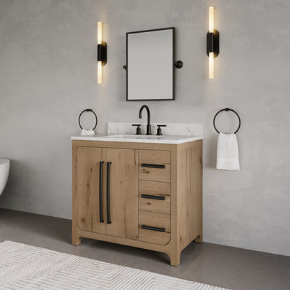 Perris 36 in. Single Sink Bath Vanity in Weathered Oak with Carrara White Engineered Stone Top | Water Creation