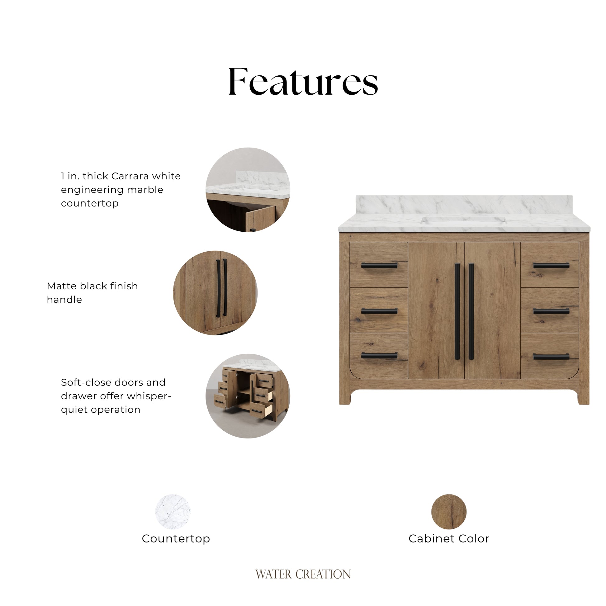 Perris 48 in. Single Sink Bath Vanity in Weathered Oak with Carrara White Engineered Stone Top | Water Creation