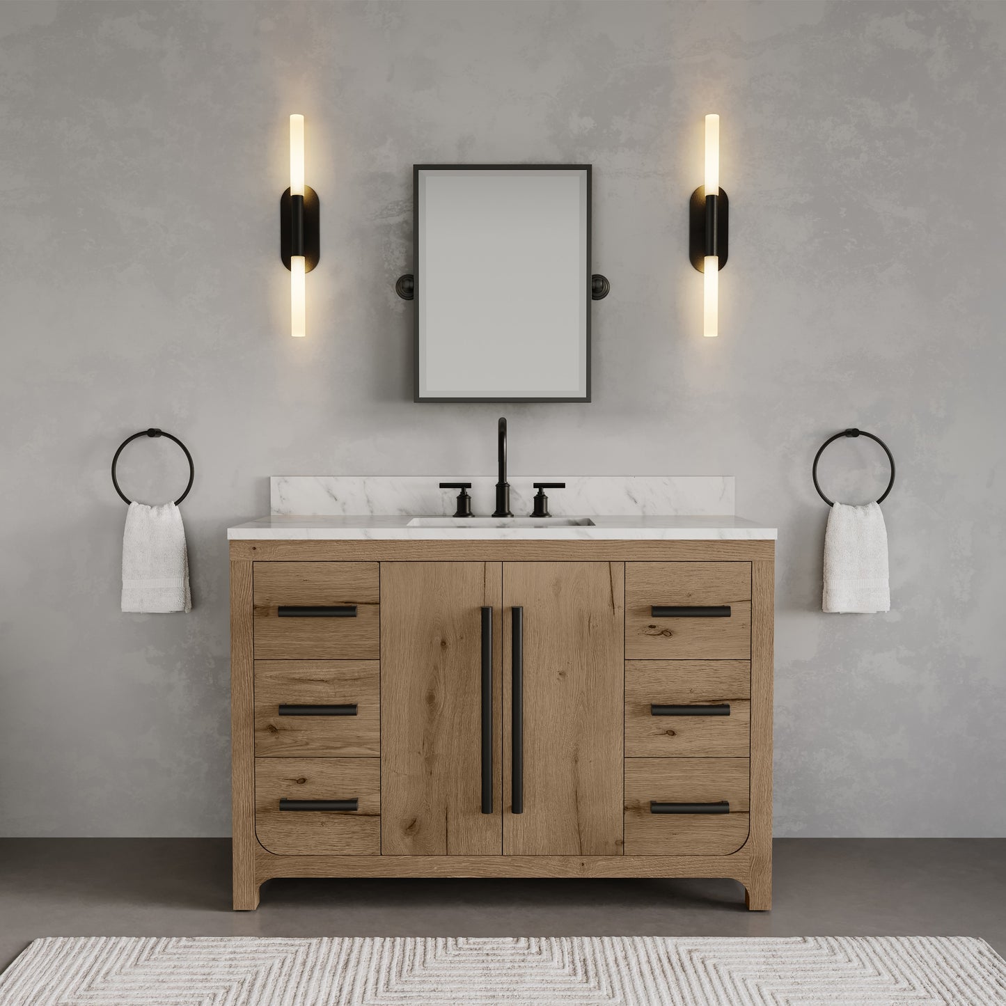 Perris 48 in. Single Sink Bath Vanity in Weathered Oak with Carrara White Engineered Stone Top | Water Creation
