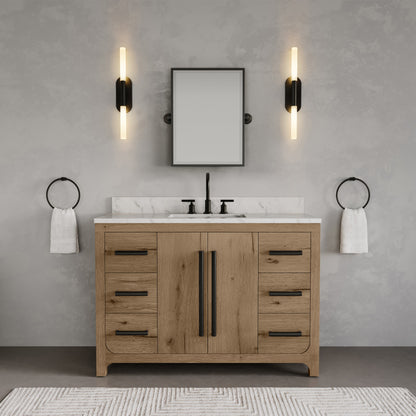 Perris 48 in. Single Sink Bath Vanity in Weathered Oak with Carrara White Engineered Stone Top | Water Creation