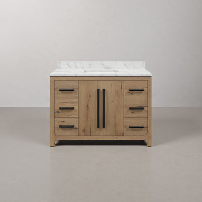 Perris 48 in. Single Sink Bath Vanity in Weathered Oak with Carrara White Engineered Stone Top | Water Creation