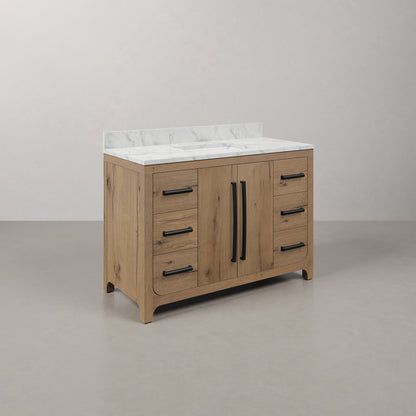 Perris 48 in. Single Sink Bath Vanity in Weathered Oak with Carrara White Engineered Stone Top | Water Creation